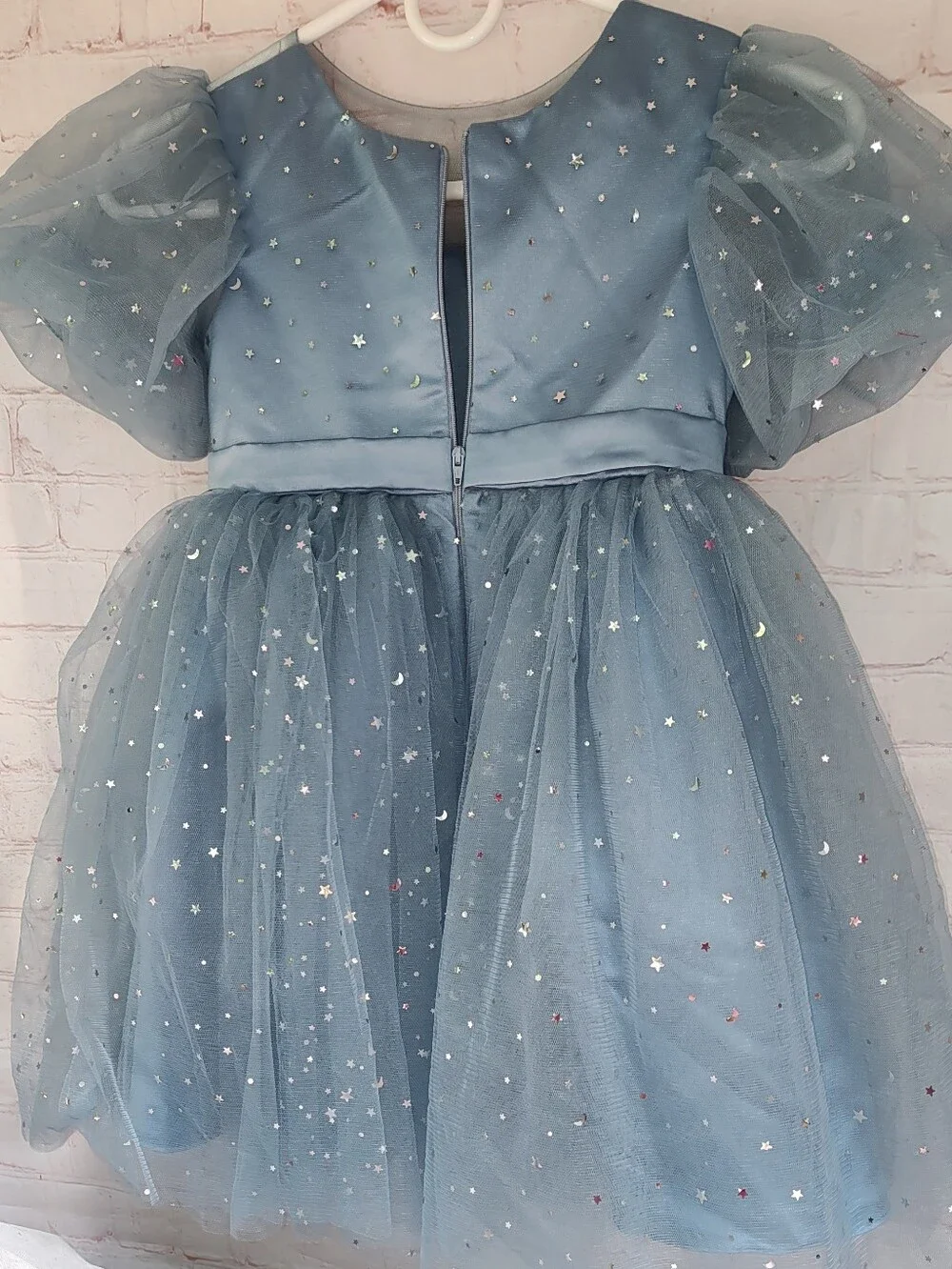 Blue Princess Flower Girl Dress with Sequins and Lantern Sleeves, Ages 3-4